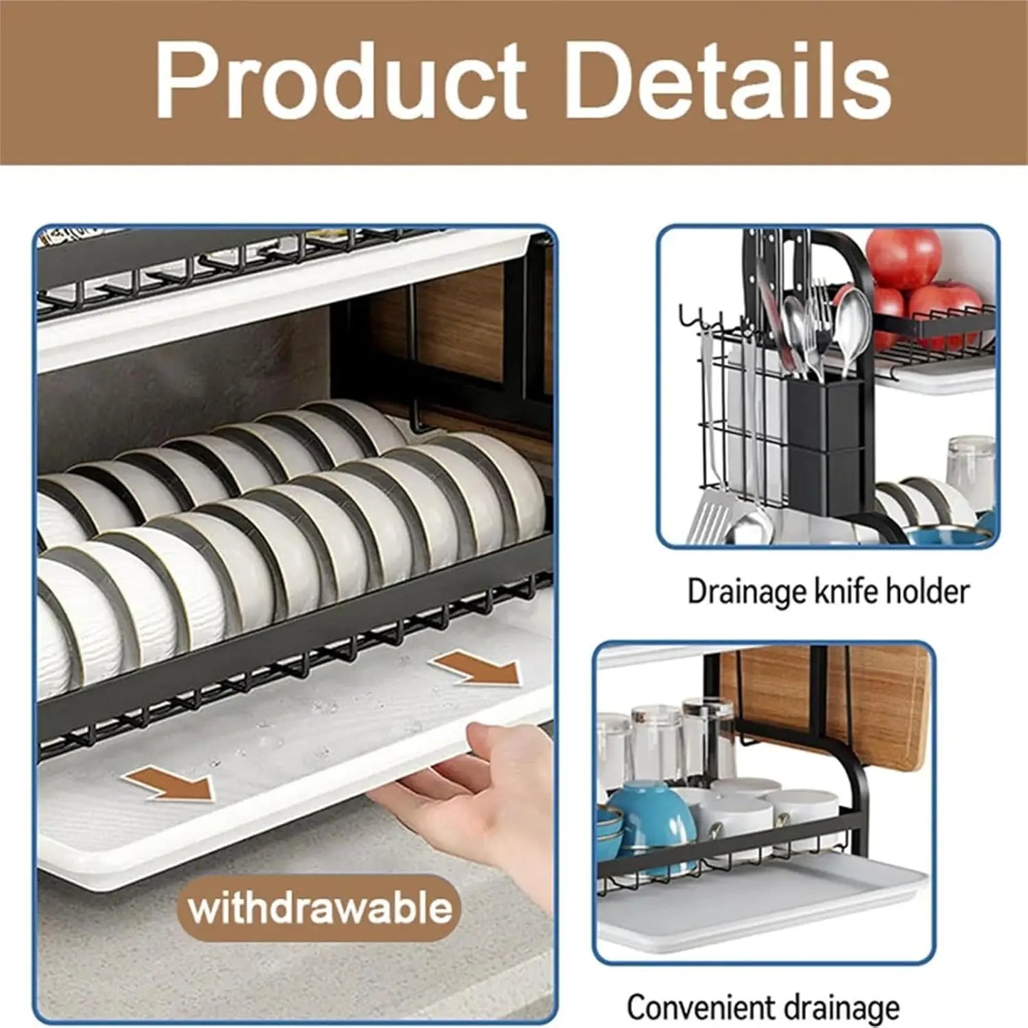 Three-Tier Dish Rack Space-Saving Kitchen Countertop Utensil Holder Tableware