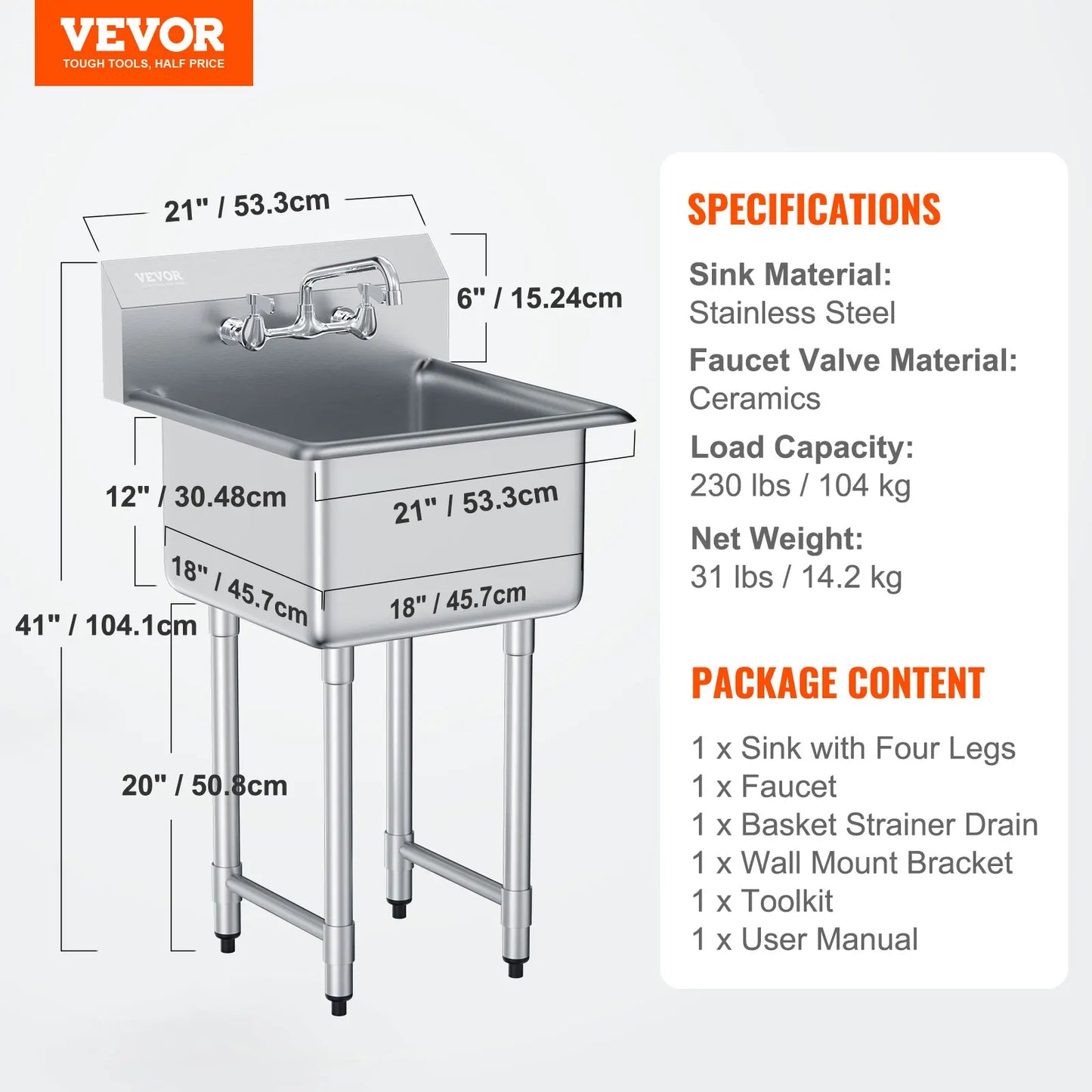Stainless Steel Kitchen Prep And Utility Sink With Faucet Commercial