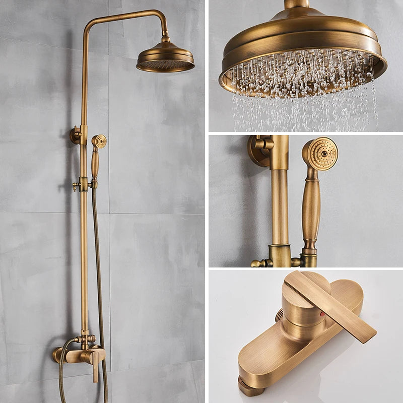 SAFLIHCAR Brass Antique Shower Faucet Set Wall Mount Dual Handshower
