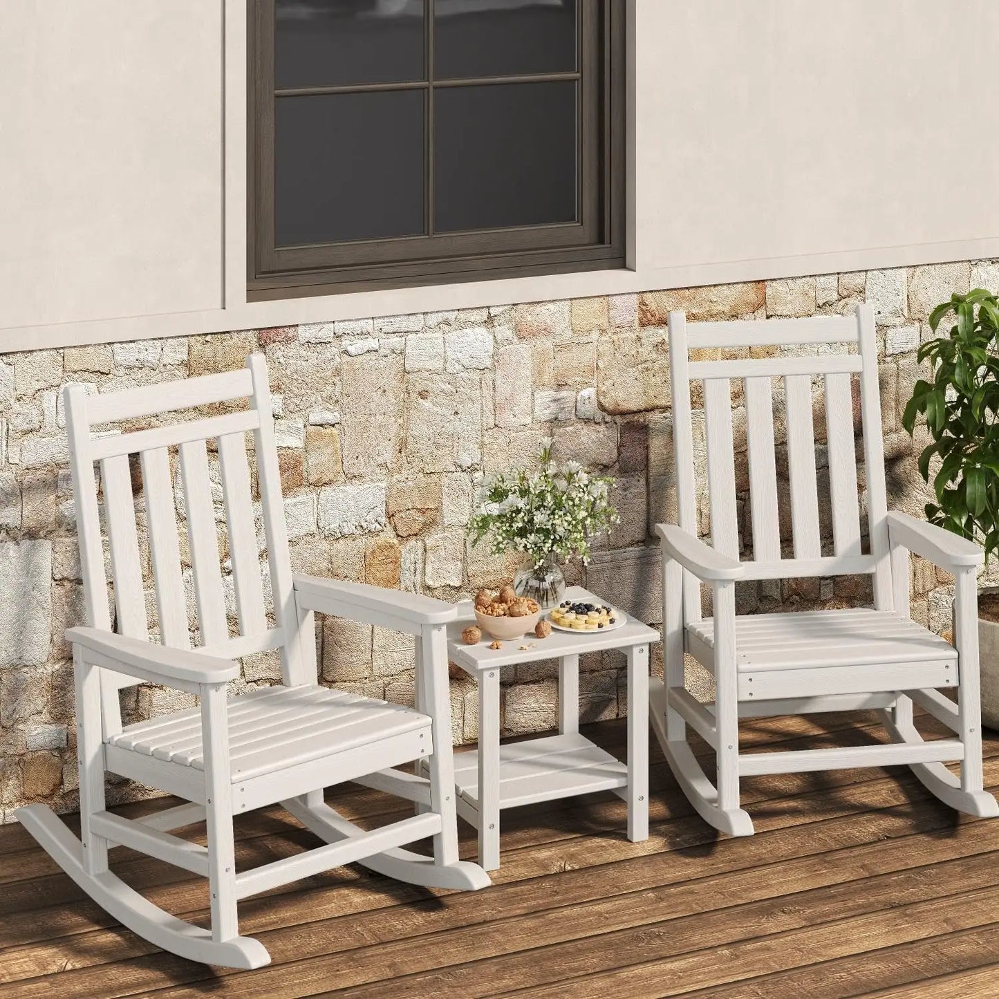 HiMISS Outdoor Poly Lumber Rocking Chair Set With Side Table