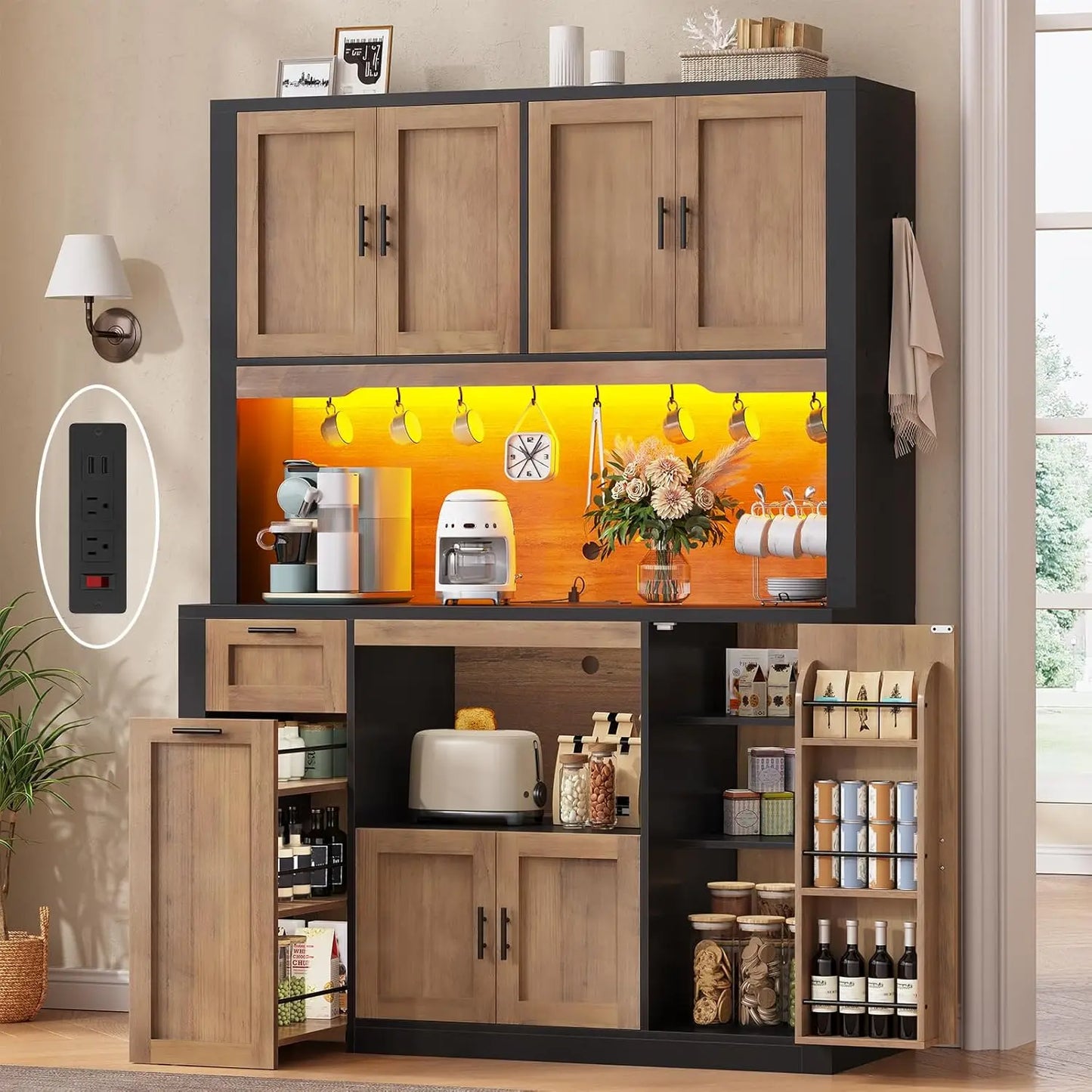 71 Inch Wide Pantry Cabinet with Charging Station And LED Light Kitchen Storage with Microwave Stand Design，Customized