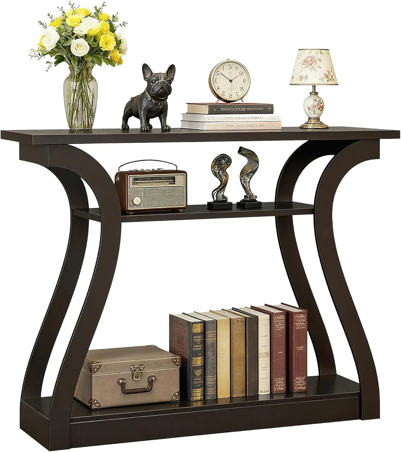 Wood Console Table With Three-Tier Storage Shelves