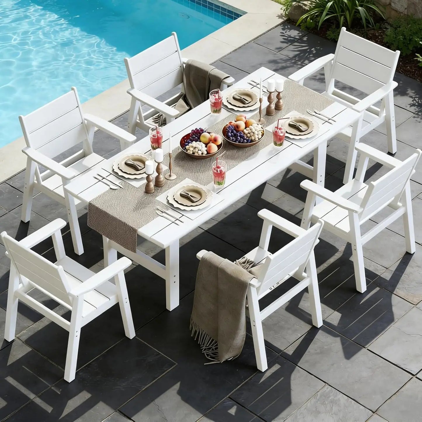 7-Piece Outdoor Dining Set with Umbrella HDPE Table and Chairs
