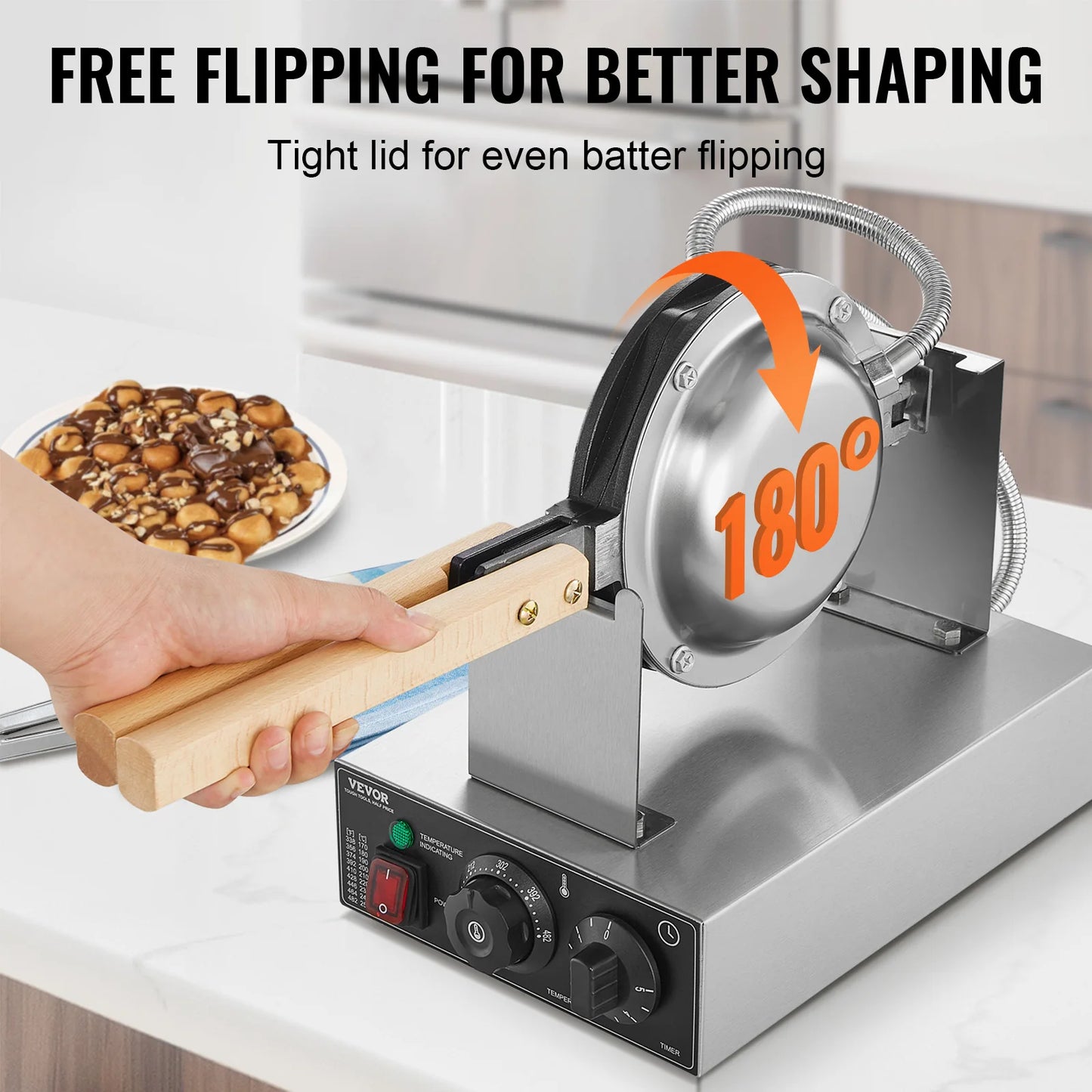 VEVOR SucceBuy Commercial Egg Bubble Waffle Maker 1400W Rotatable 2 Pans