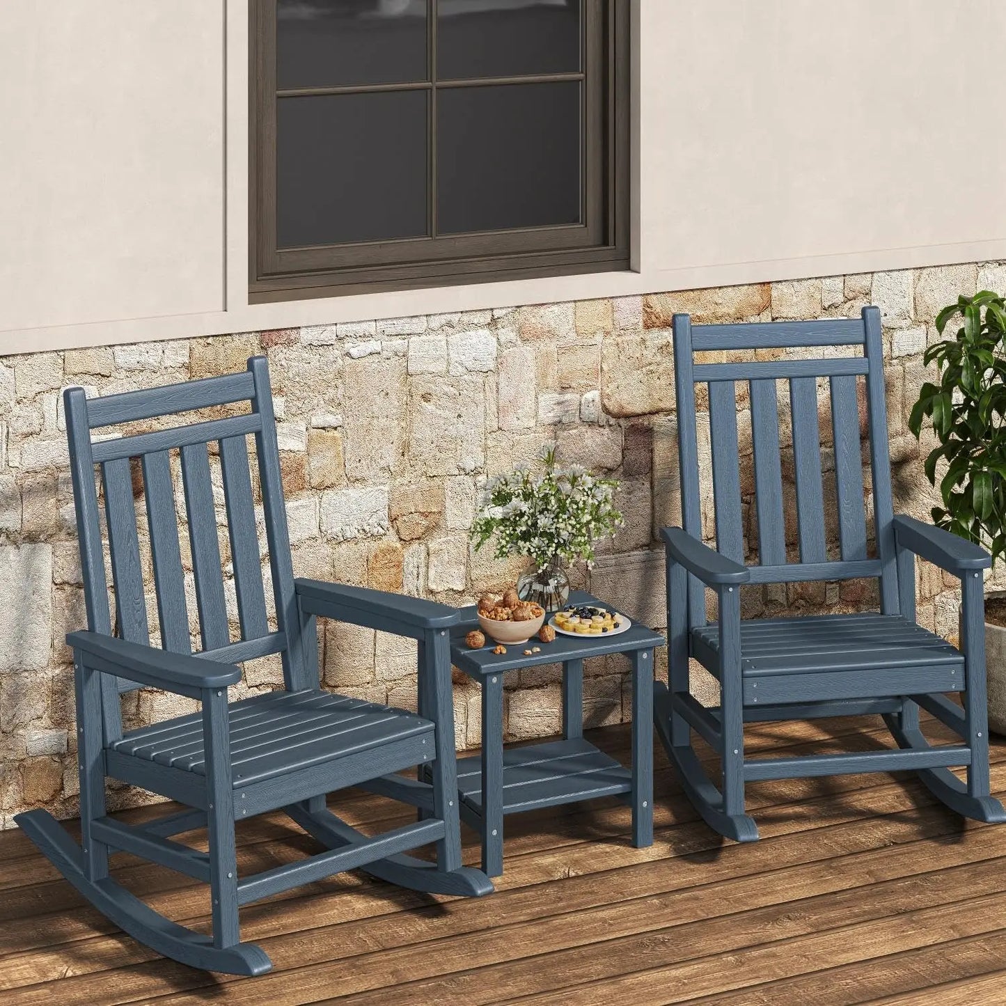 HiMISS Outdoor Poly Lumber Rocking Chair Set With Side Table