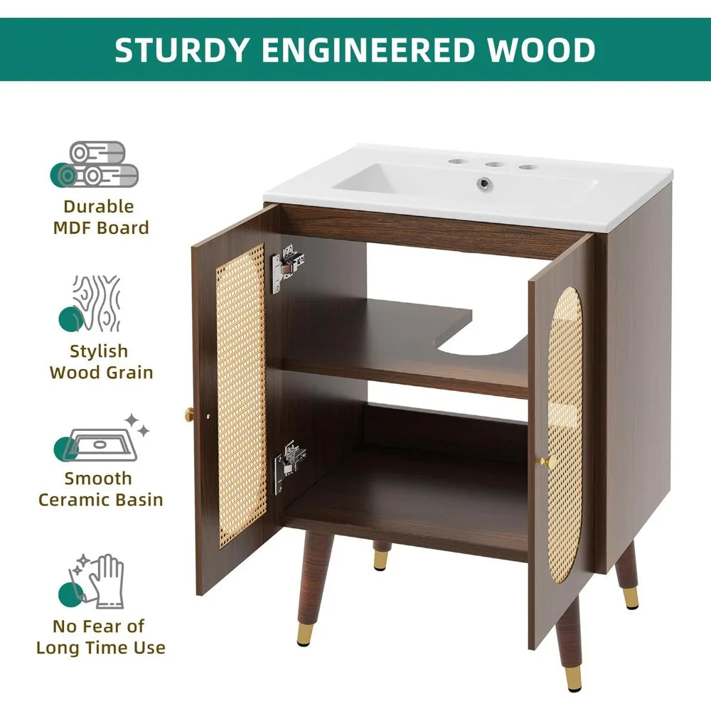 TIFICY Rattan Bathroom Vanity With Sink Freestanding Cabinet