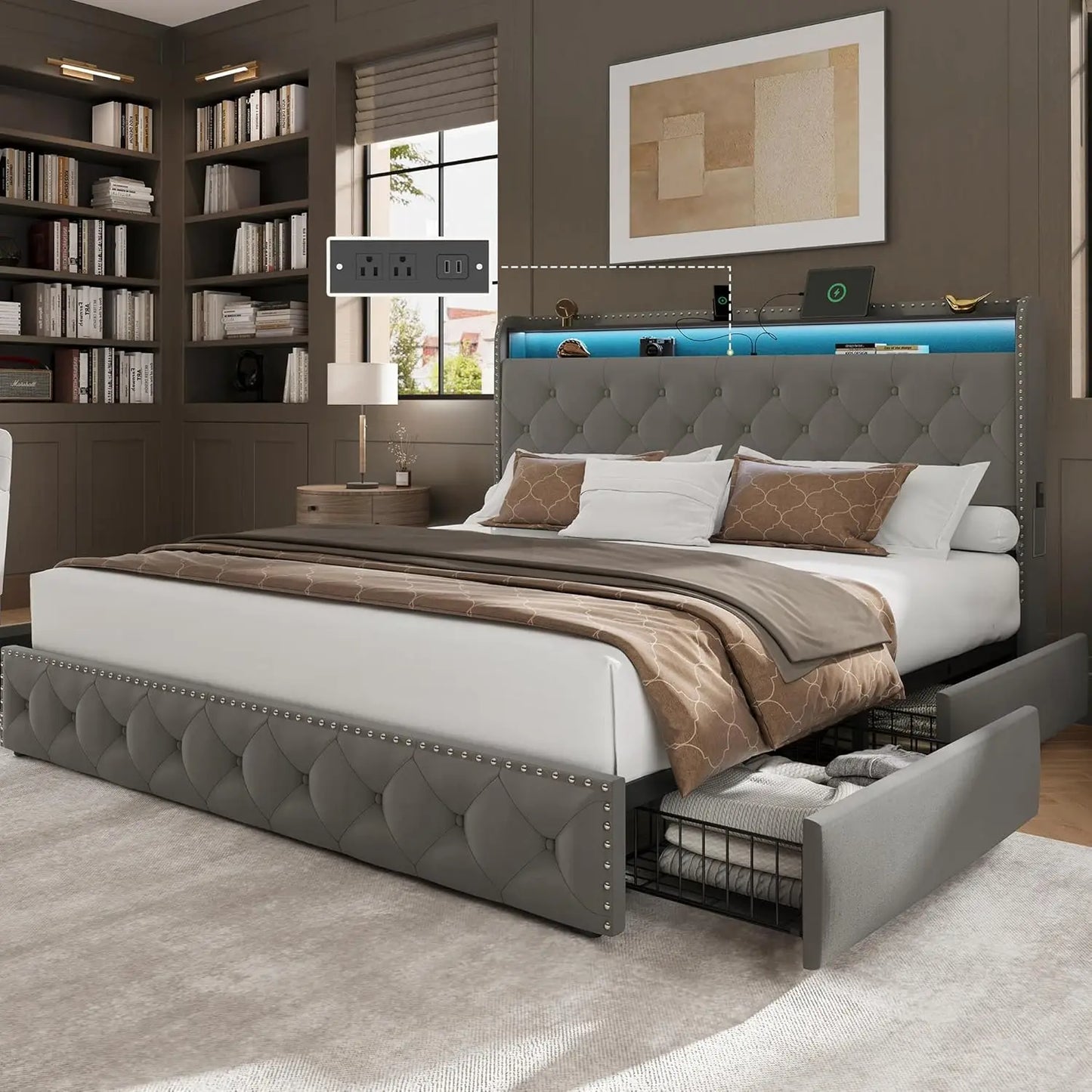 Platform Upholstered Tufted Bed Frame With 4 Storage Drawers And USB
