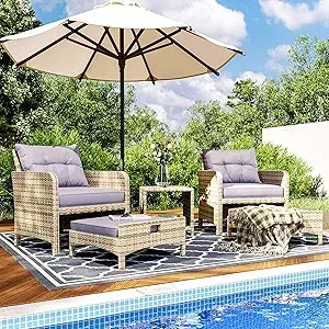 5-Piece Rattan Patio Furniture Set With Ottomans And Coffee Table