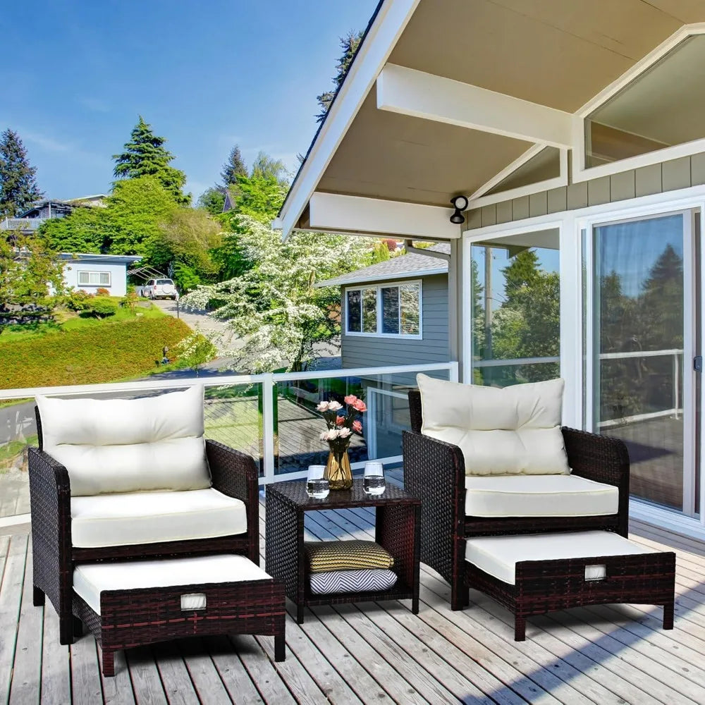 5-Piece Rattan Patio Furniture Set With Ottomans And Coffee Table