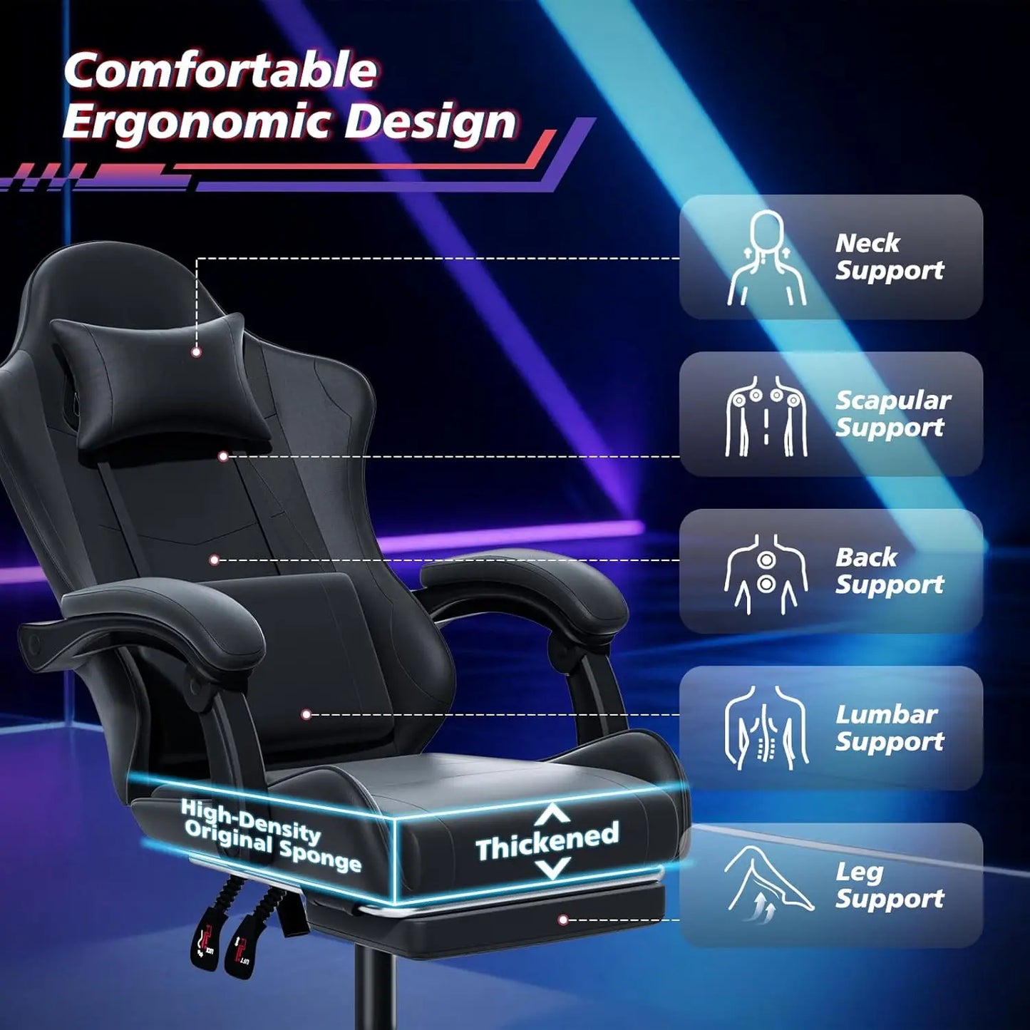 Ergonomic Gaming Chair With Height Adjustable Headrest And Footrest