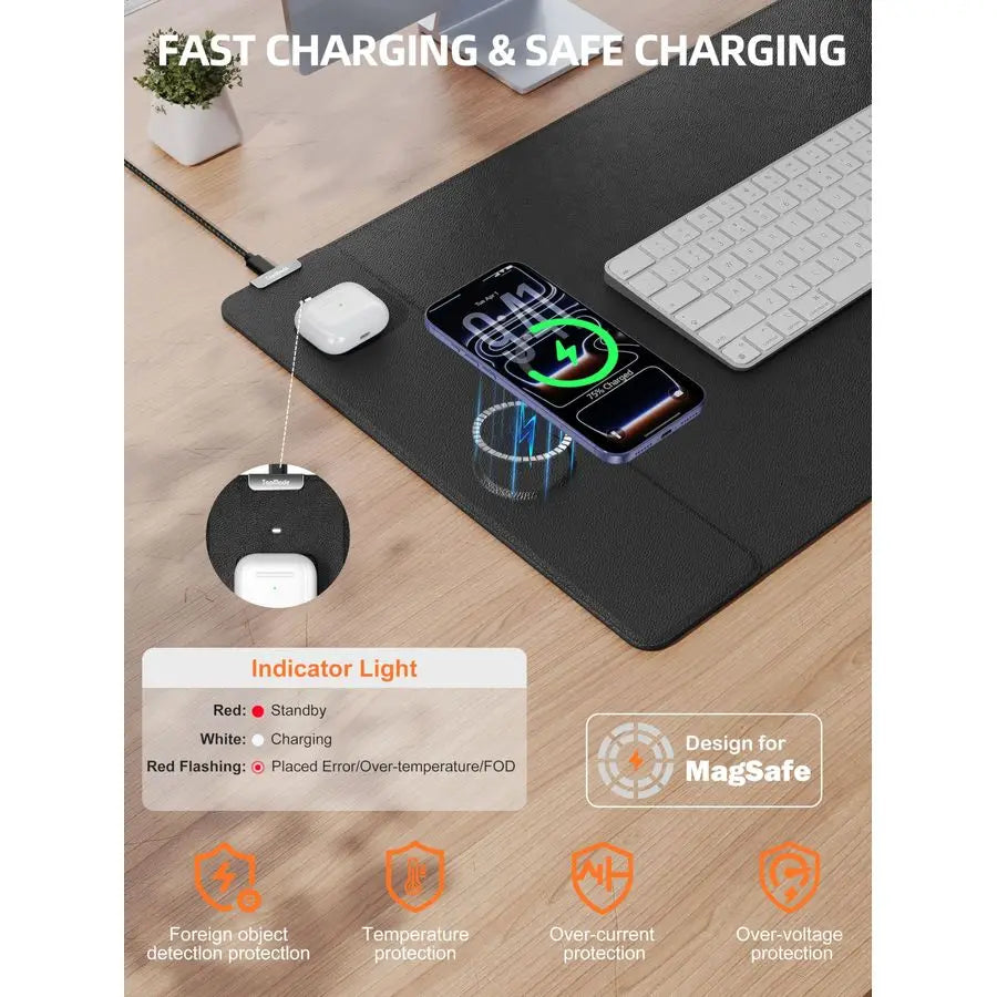 Leather Desk Mat With 15W Wireless Charging Waterproof Mouse Pad