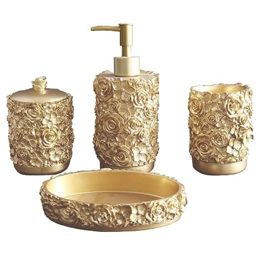 Rose Design Resin Bathroom Accessories Set Four Piece Farmhouse Style