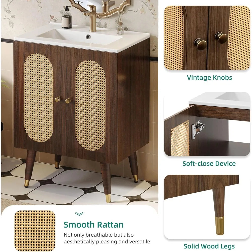 TIFICY Rattan Bathroom Vanity With Sink Freestanding Cabinet