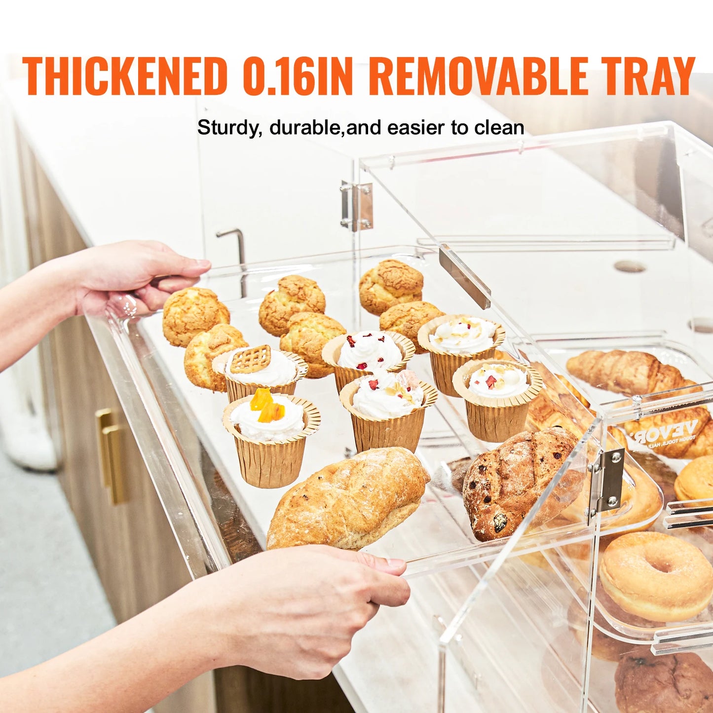 SucceBuy 2 Tray Clear Pastry Display Case Acrylic Commercial Countertop Bakery Display Case with Front and Rear Door for Bread