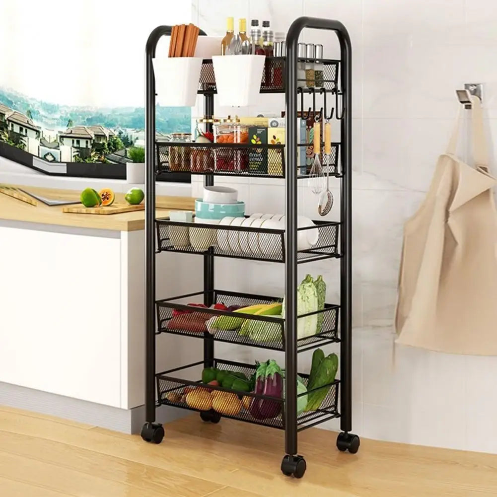Fruit Vegetable Storage Basket, 5 Tier Stackable Metal Mesh Storage Basket with 360 Degree Wheels, Fruit Vegetable Produce Baske