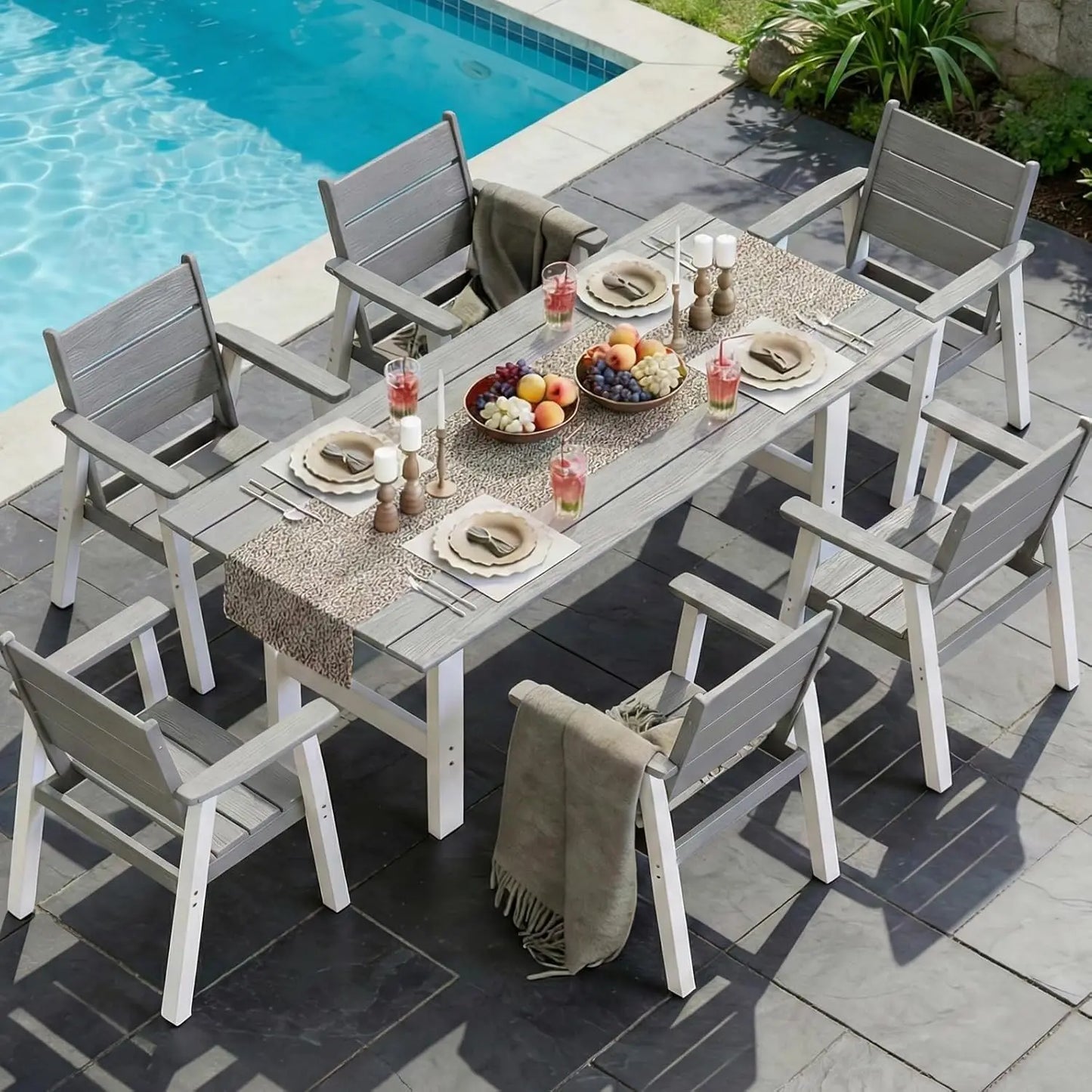 7-Piece Outdoor Dining Set with Umbrella HDPE Table and Chairs