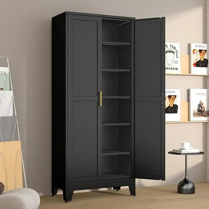 Metal Pantry Cabinet with 2 Doors and 5 Adjustable Shelves, 75" Kitchen Storage cabinets with Gold Handles, Versatile Storag