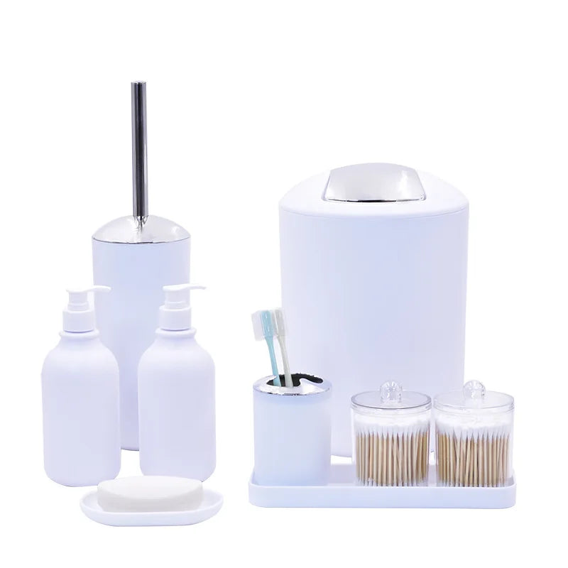 Bathroom Accessories Set 9 Piece Dispenser Toothbrush Holder Trash Can