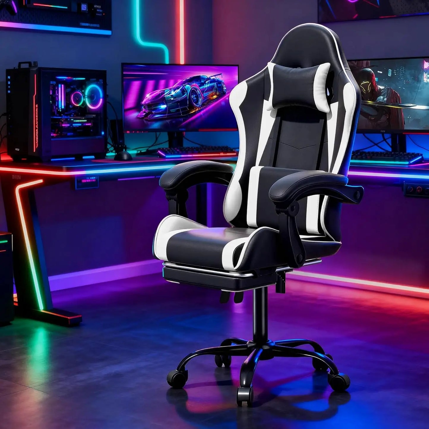 Ergonomic Gaming Chair With Height Adjustable Headrest And Footrest