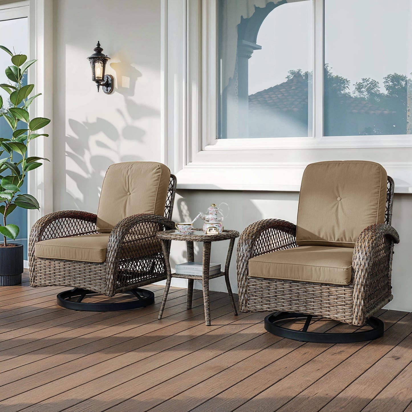 HOOMIC 3 Piece Patio Furniture Set With Cushioned Rocking Chairs