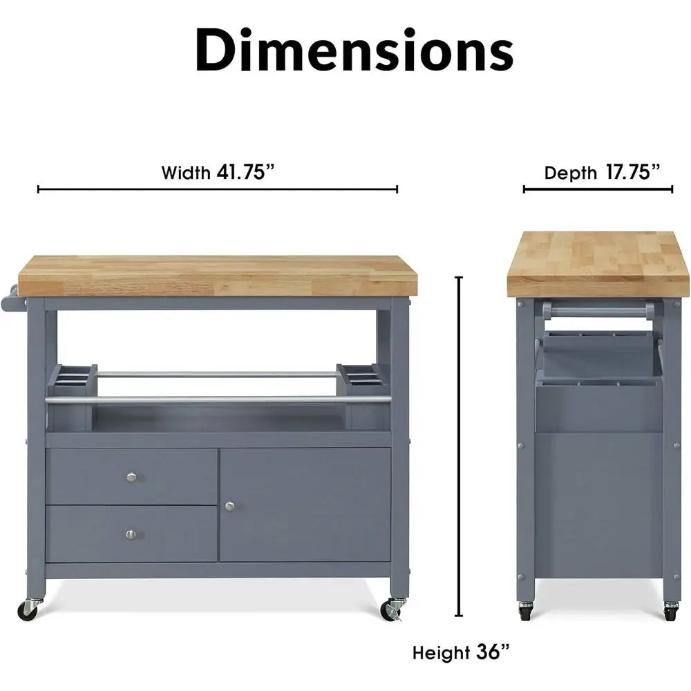 Anson Kitchen Island Bar Cart with Storage, Butcher Block Table, Rolling Wheels and Portable Cabinet Organization or Home Aparen