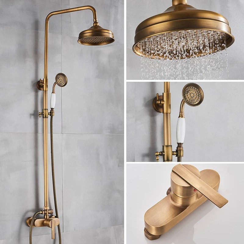 SAFLIHCAR Brass Antique Shower Faucet Set Wall Mount Dual Handshower