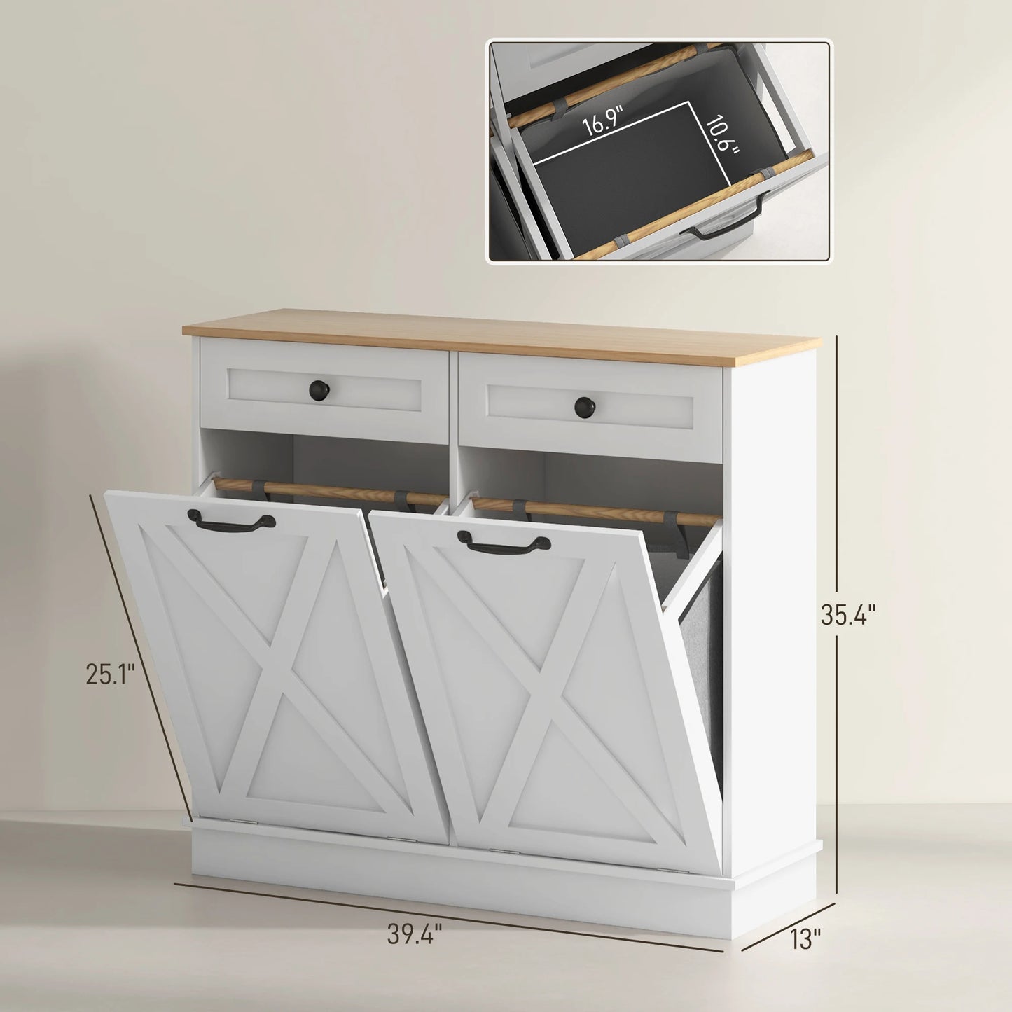 HOMCOM Tilt Out Laundry Cabinet With Two Baskets And Drawers