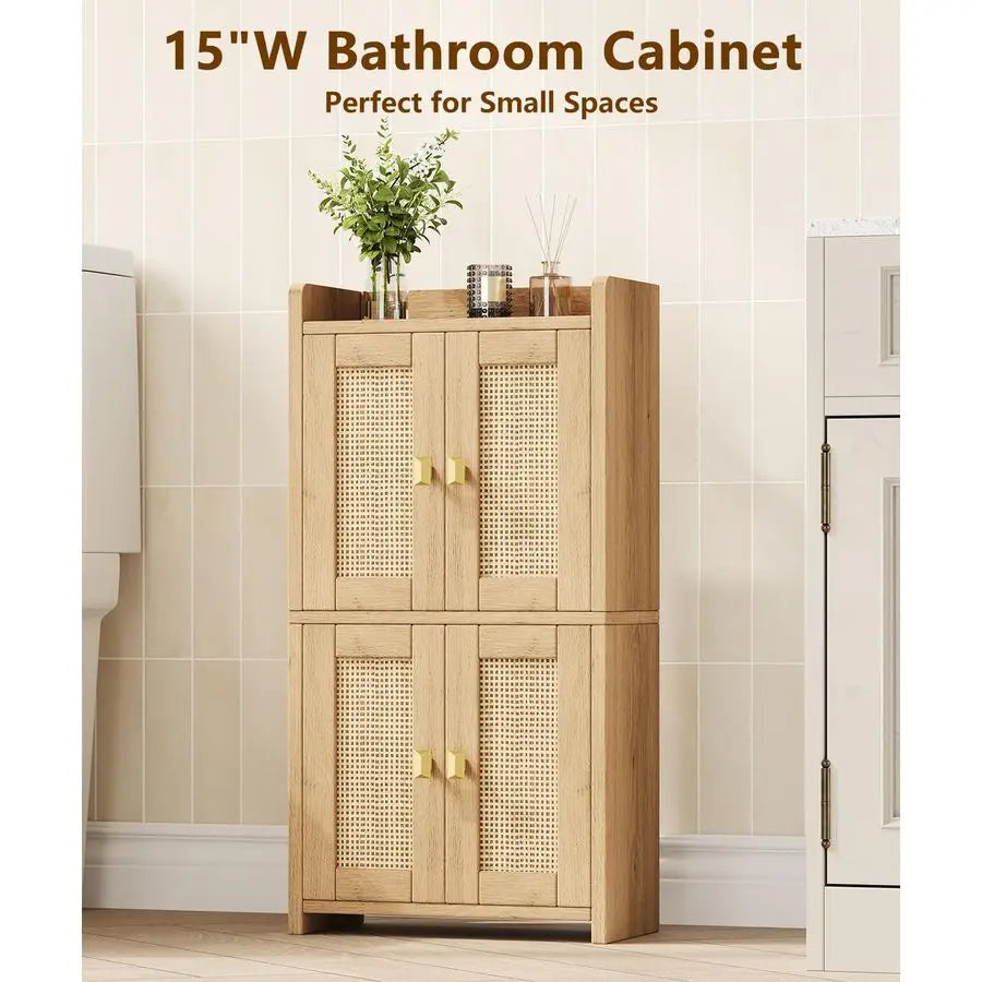 XMSJ Rattan Bathroom Cabinet With Four Doors Adjustable