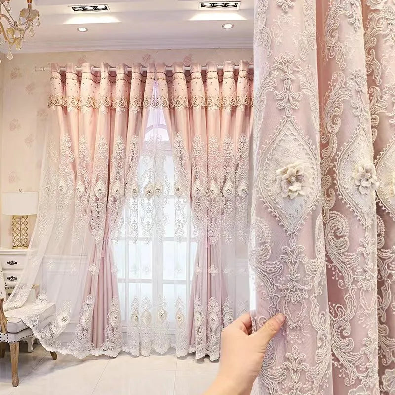Vintage Embroidered Curtains With 3D Relief Dual Layer Privacy