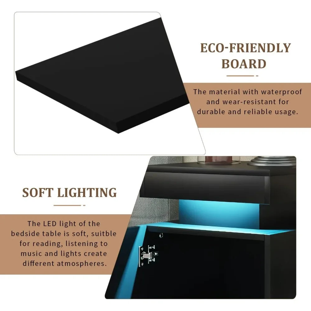 Nightstand Set of 2 with LED Lights and Storage Cabinet