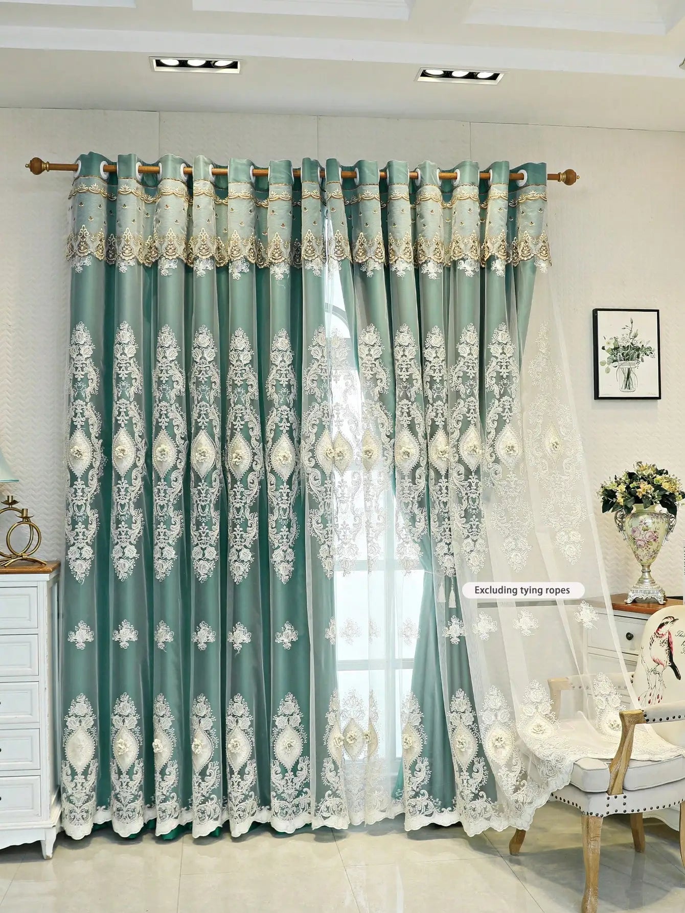 Vintage Embroidered Curtains With 3D Relief Dual Layer Privacy