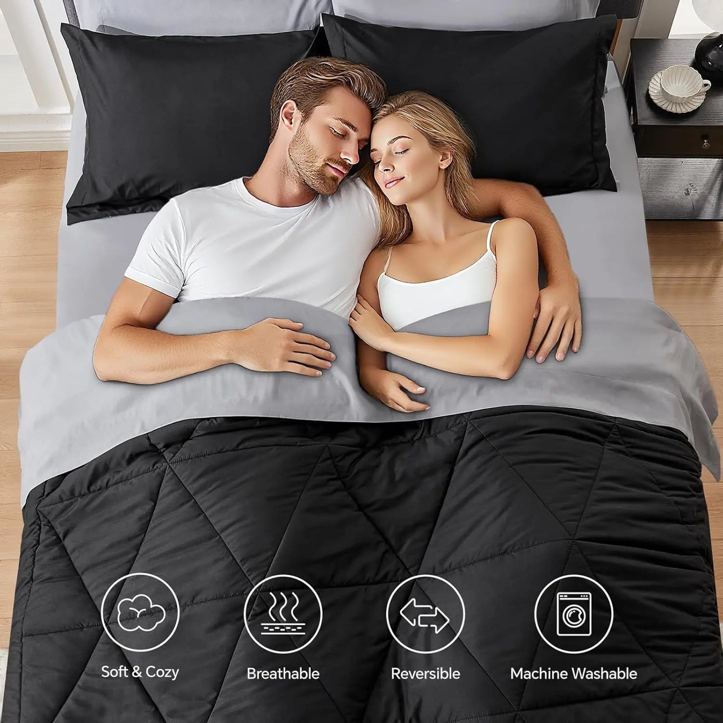 Queen Comforter Set 7 Pieces Bed in a Bag - Soft Microfiber Reversible Black Bedding for All Seasons