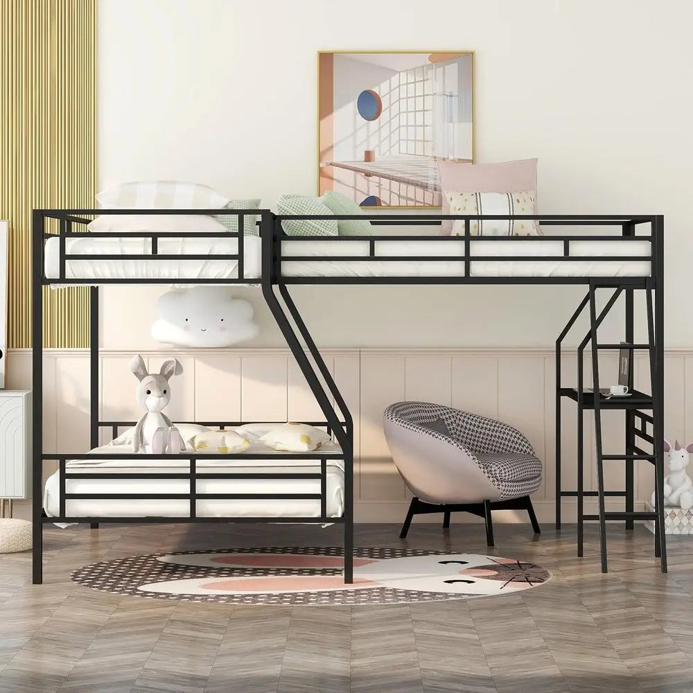 Triple Bunk Bed With Desk Metal Frame For Kids Teens Adults
