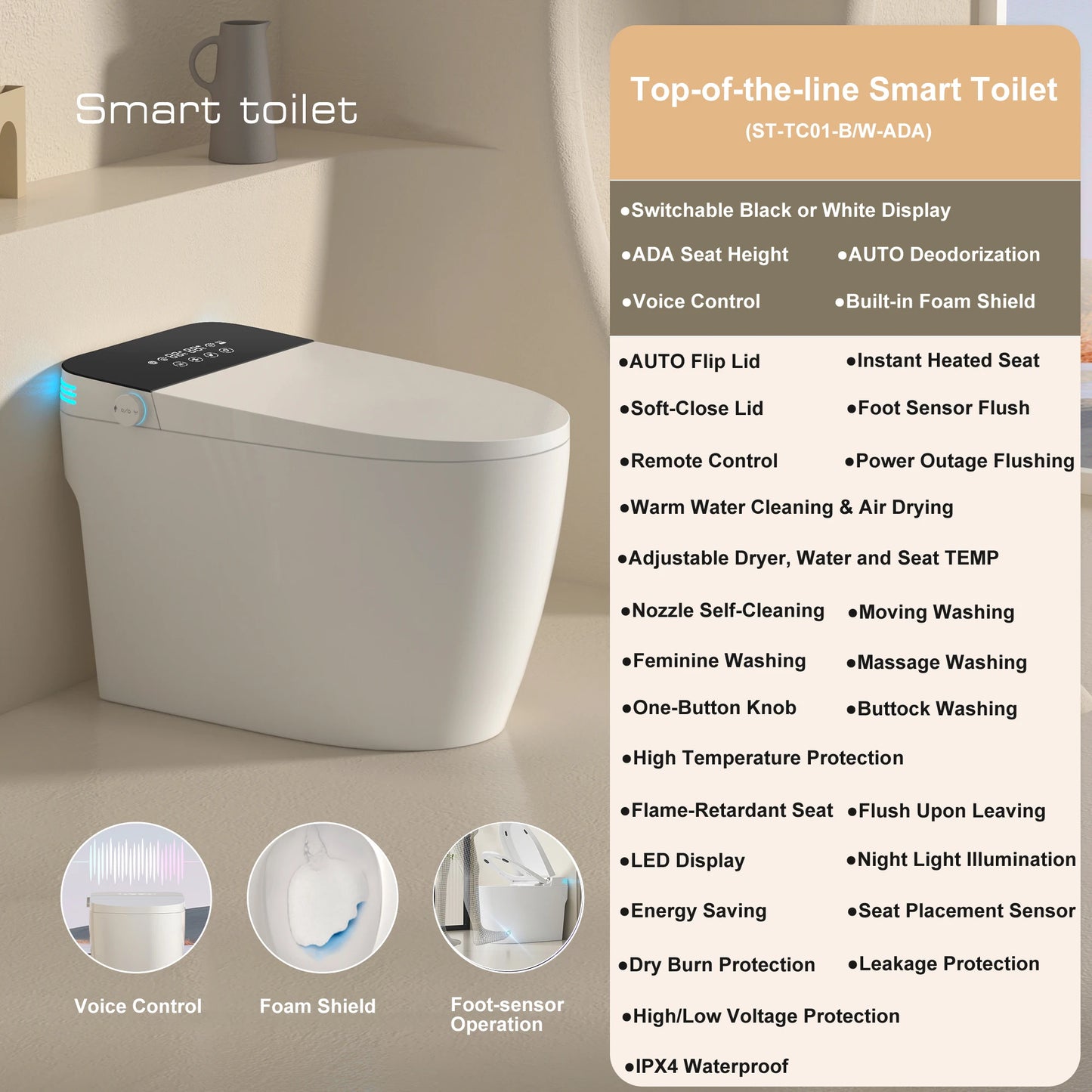 Smart Bidet Toilet Auto Dual Flush OnePiece With Warm Water