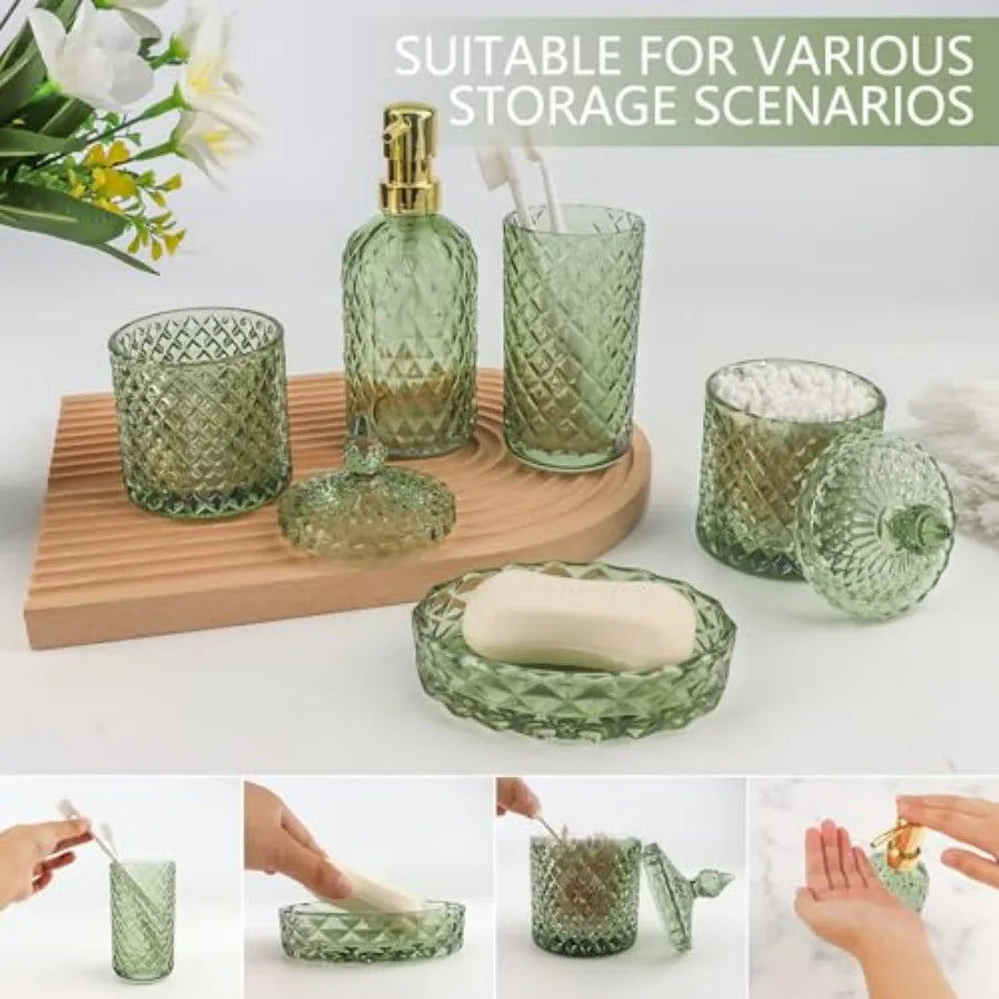 Glass Bathroom Accessories Set With Toothbrush Holder And Soap Dispenser