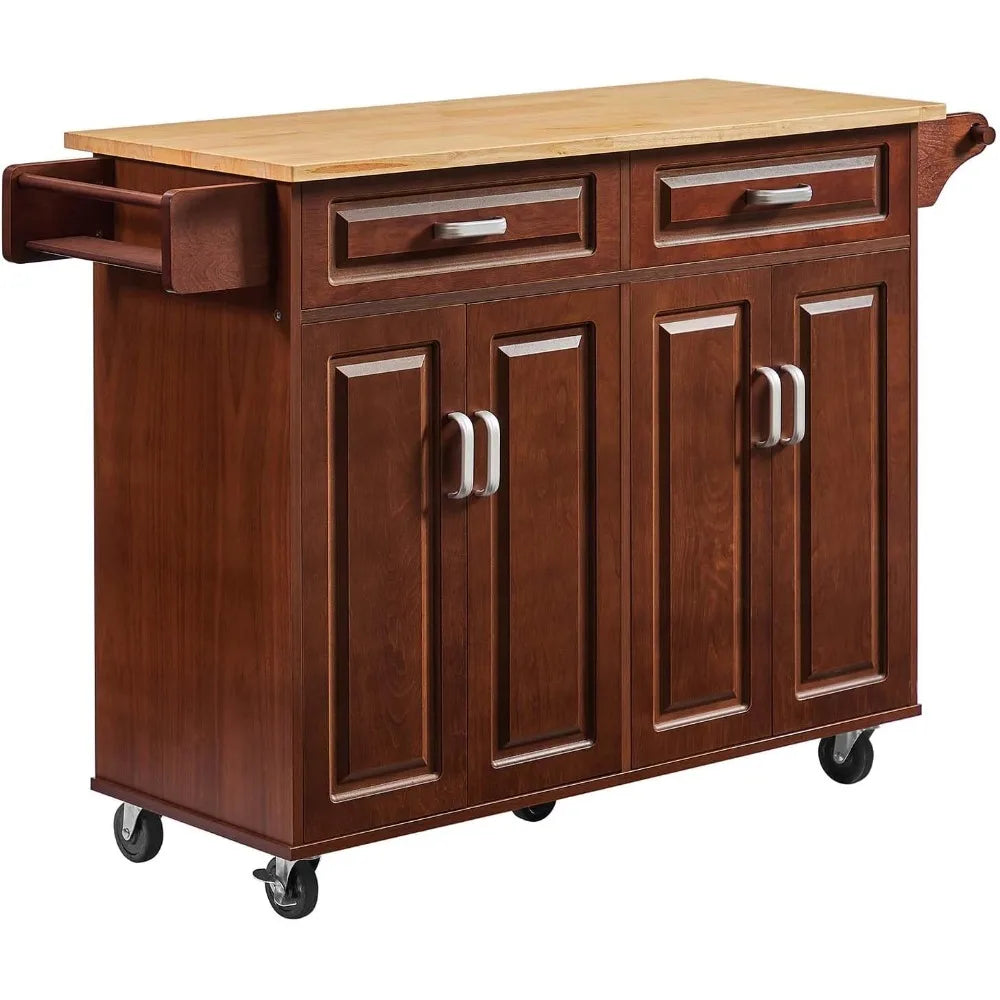 Walnut 54" Rolling Kitchen Island on Wheels, Large Kitchen Cart with Storage Cabinet, Portable Wood Island Table with 2 Drawers