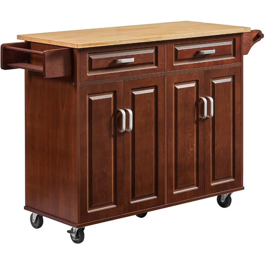 Walnut 54" Rolling Kitchen Island on Wheels, Large Kitchen Cart with Storage Cabinet, Portable Wood Island Table with 2 Drawers
