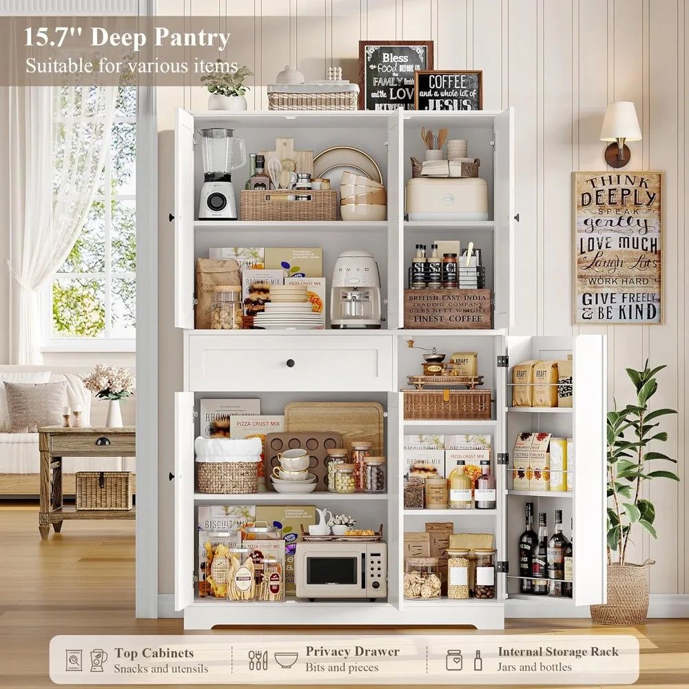 HOSTACK 68" Tall Kitchen Pantry Cabinet,Modern Hutch with Doors Shelves & Large Drawer,Food Storage for Dining Living Room,White