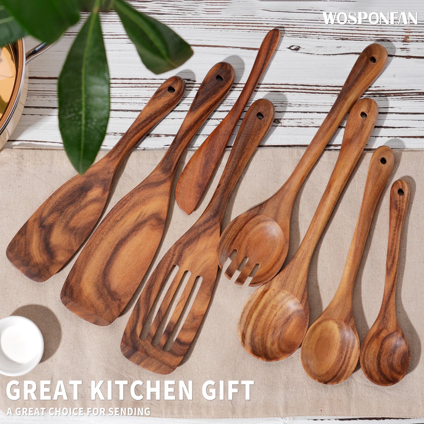 NONED 9 Piece Wooden Kitchen Utensils Set With Spoons