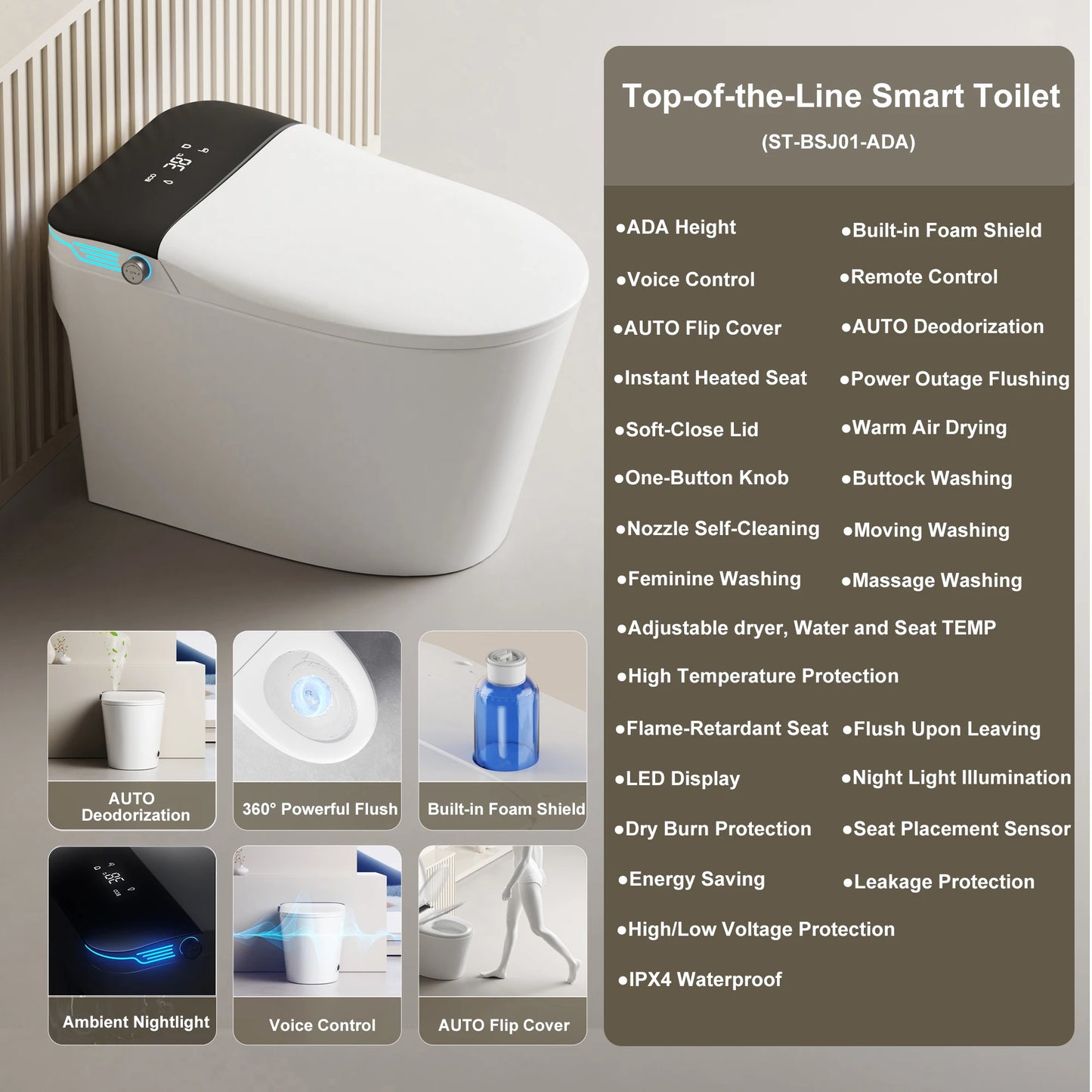 Smart Toilet With Built-In Bidet Auto Dual Flush Heated Seat Warm Water Sprayer