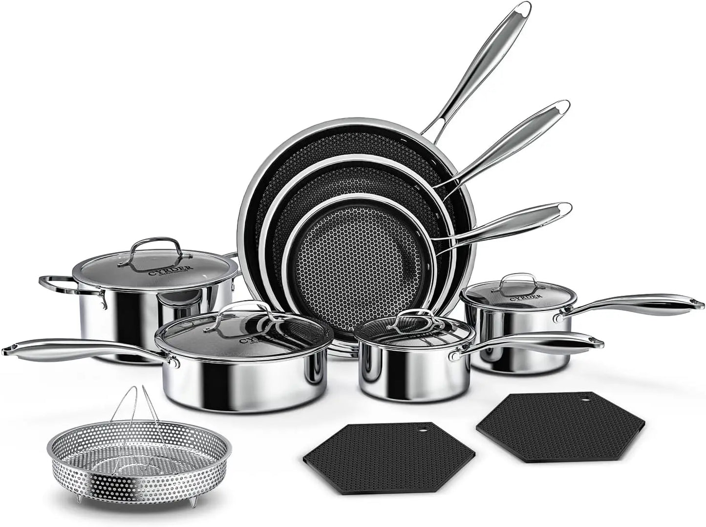 Nonstick Pots and Pans Set 14 Piece Hybrid Hex Non Stick Stainless Steel Cookware with Frying Pans Saute Pan Saucepans Stock