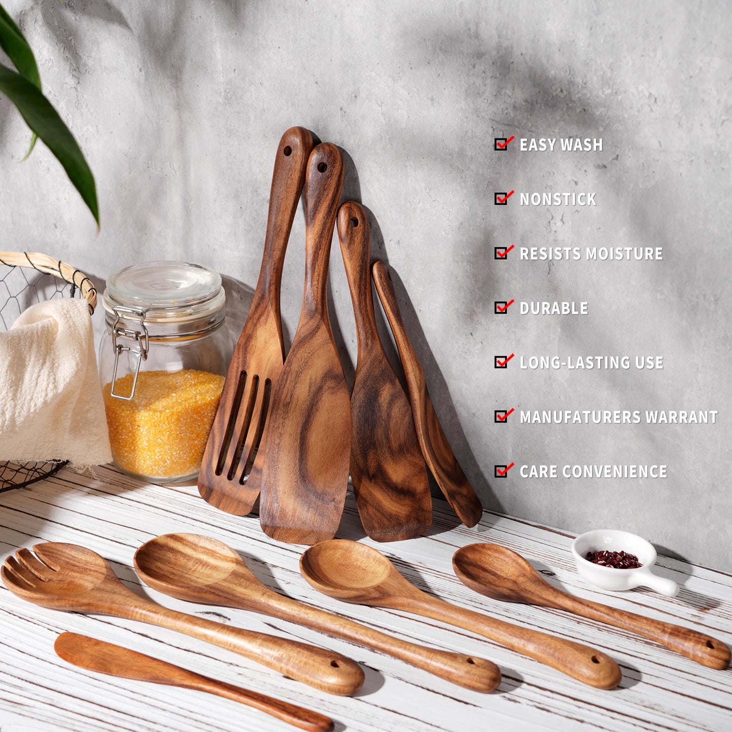 NONED 9 Piece Wooden Kitchen Utensils Set With Spoons