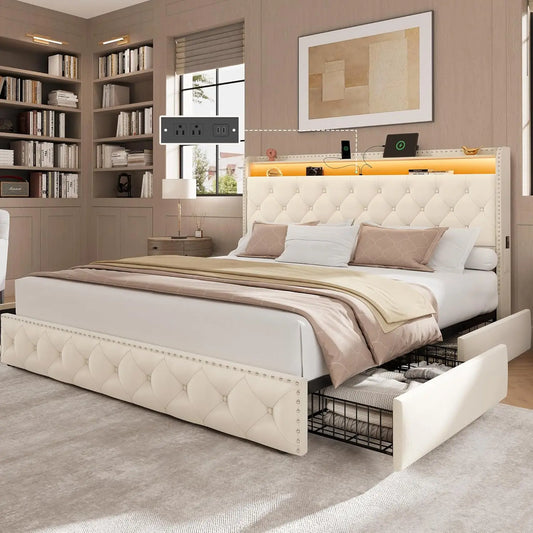 Platform Upholstered Tufted Bed Frame With 4 Storage Drawers And USB