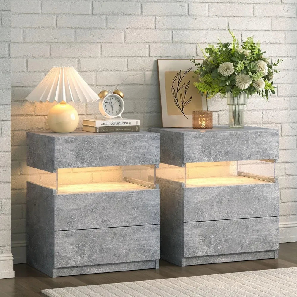 Modern LED Nightstand Set of 2 With 3 Drawers Storage