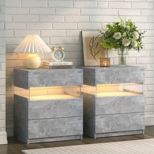 Modern LED Nightstand Set of 2 With 3 Drawers Storage