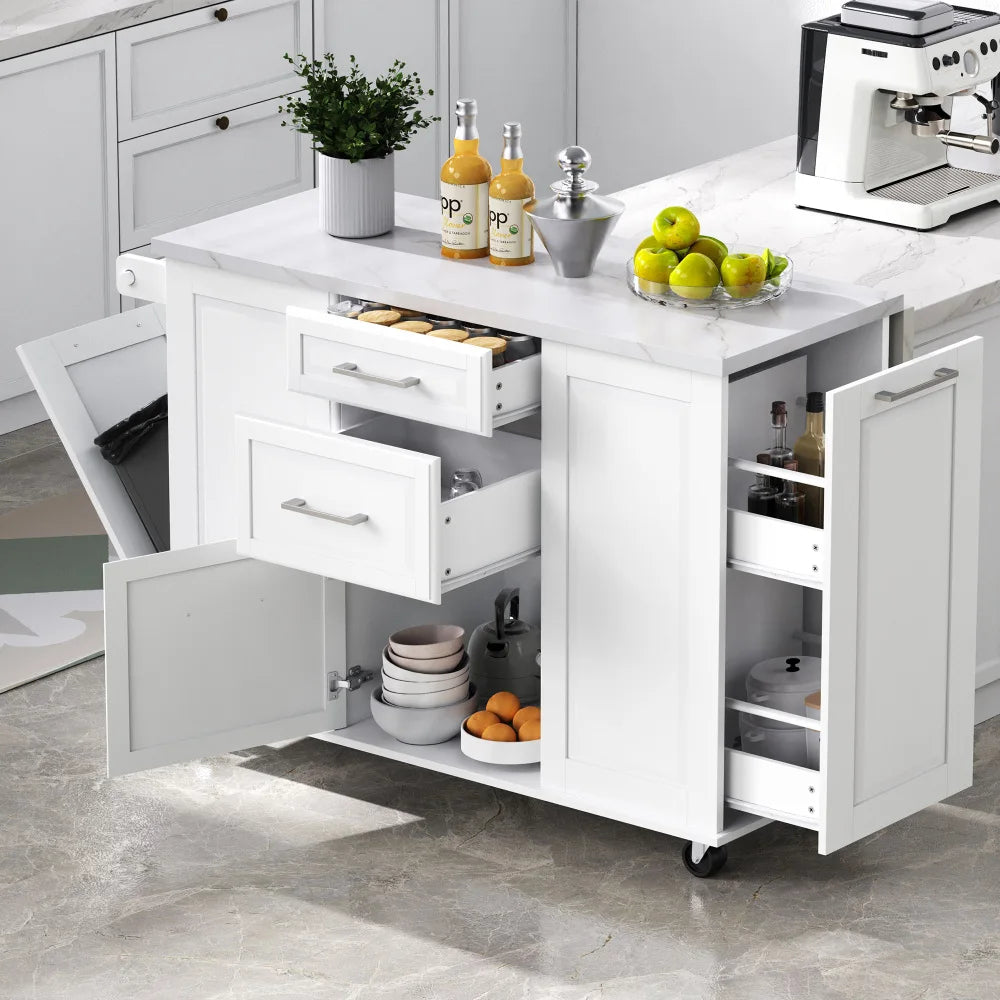50.7" Kitchen Island with Storage Tilt Trash Can Cabinet and Pull Out Cabinet Organizer, Rolling Kitchen Island with 5 Wheels