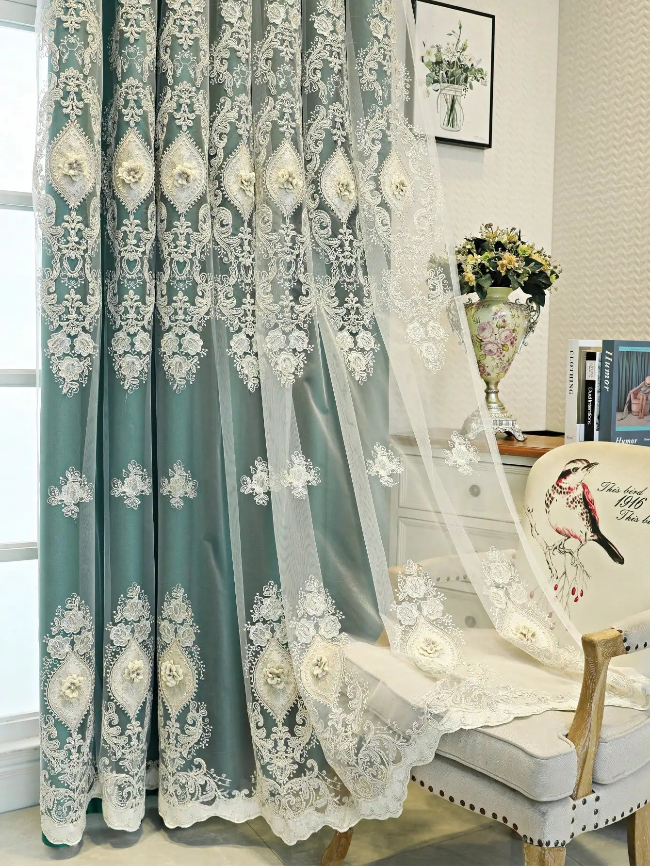 Vintage Embroidered Curtains With 3D Relief Dual Layer Privacy