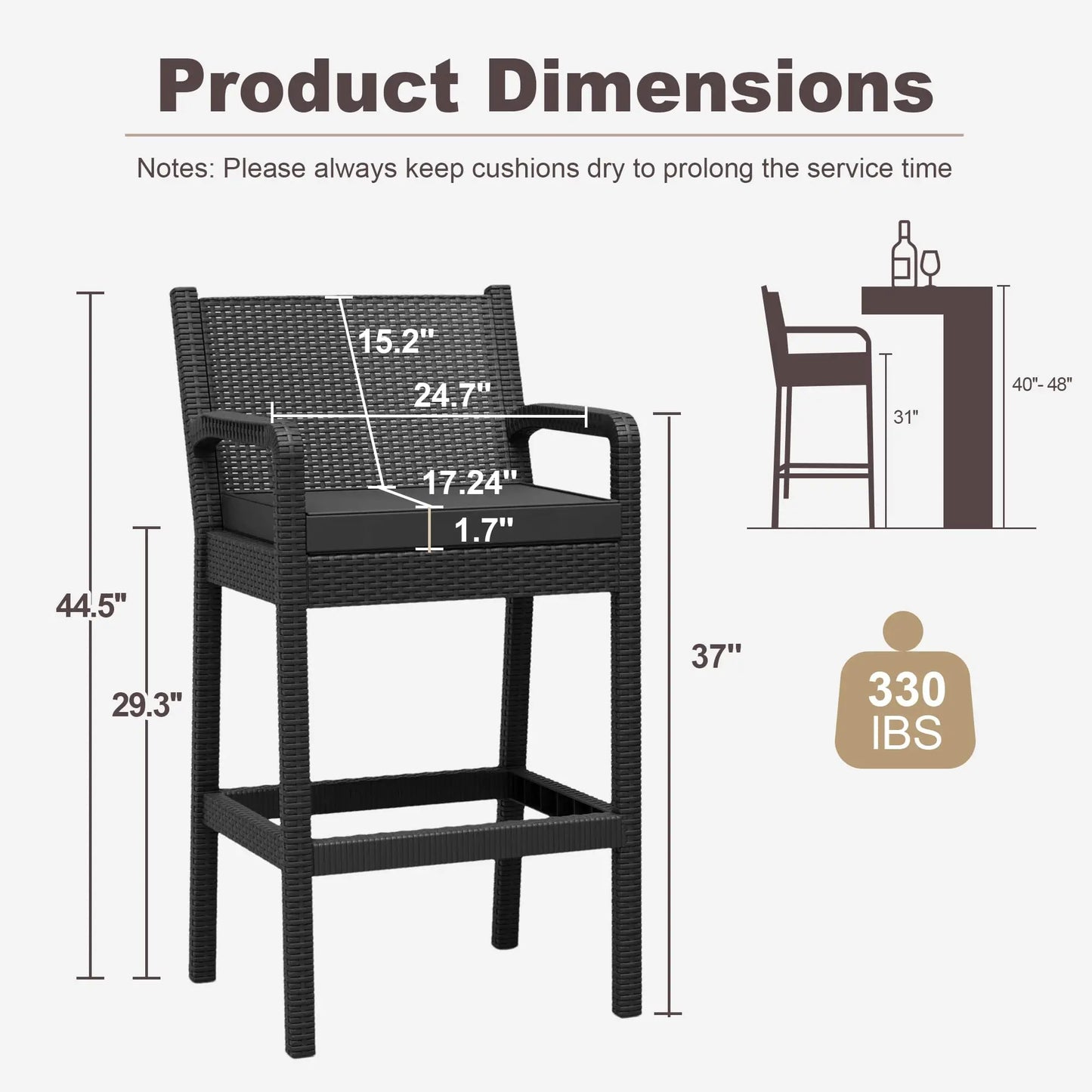 HiMISS Outdoor Wicker Bar Stools Set of 2 with Cushions