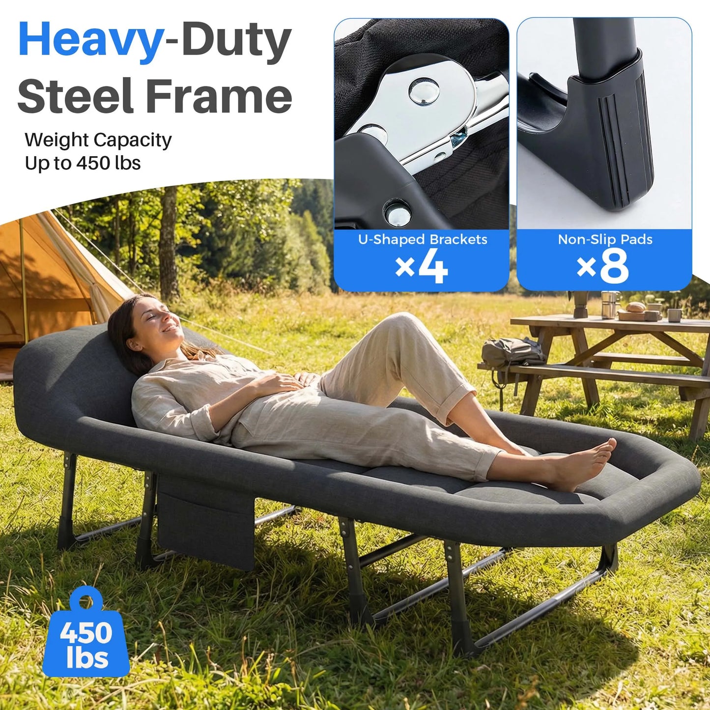 JHK Folding Camping Makeshift Bed with Mattress Lightweight Adjustable Camping Bed Supports 450 lbs Camping Cot with Carry Bag 6 Angle Camping Bed for Camp Outdoor