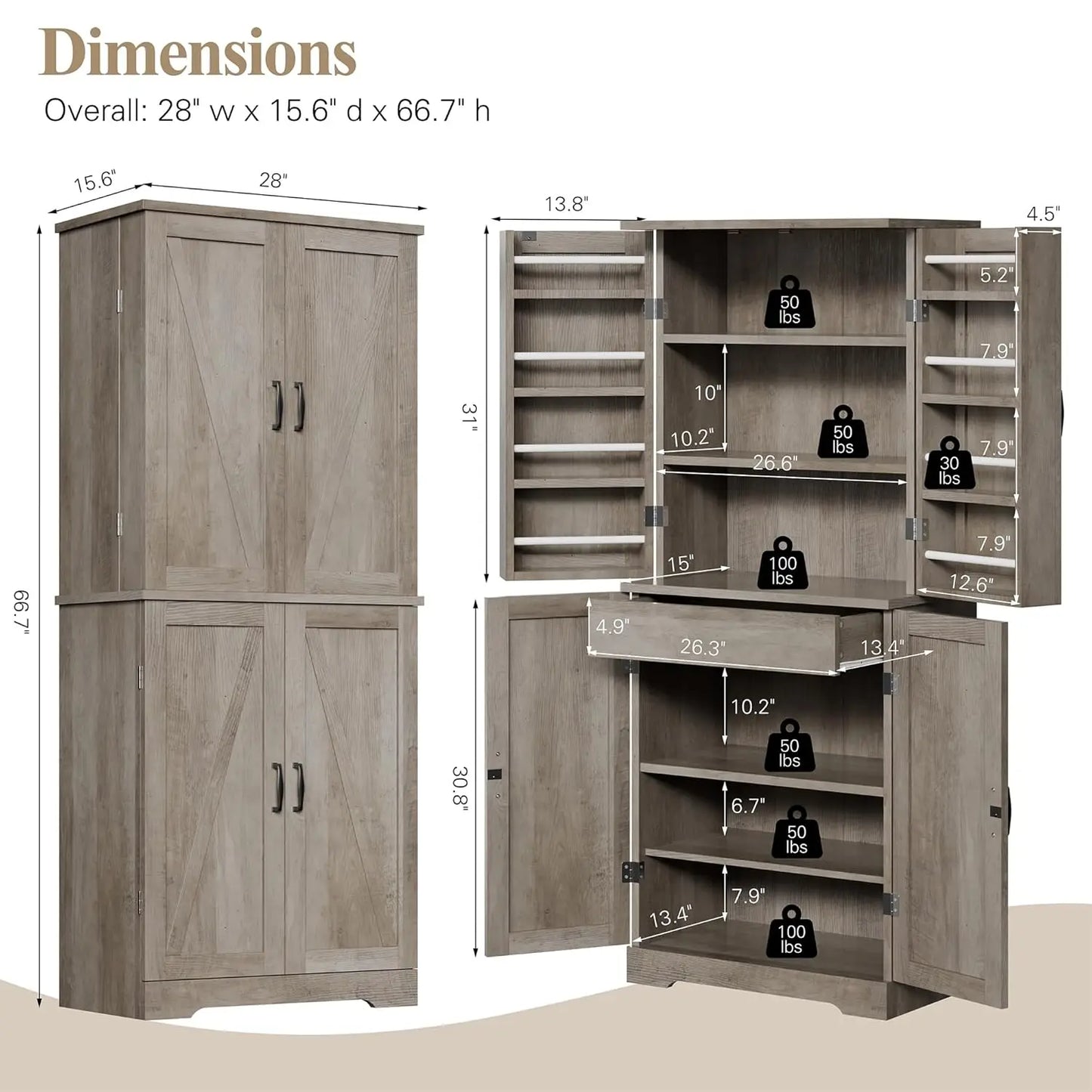 Rustic Pantry Cabinet Barn Door Drawer Adjustable Shelves 6-Tier Wood Cupboard Kitchen Dining Bath, Custom